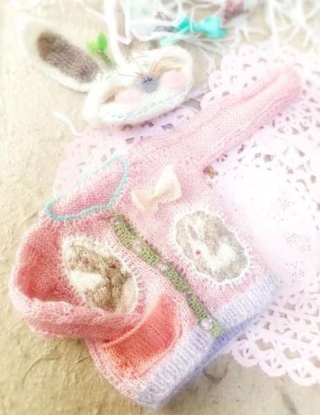 Photo1:  Cute Animals - pink bunnys bowknots lace sweater (1)