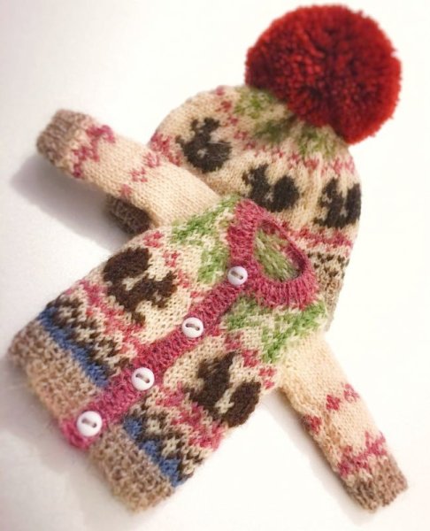 Photo1: 2 pieces coloured squirrel knitted sweater and hat (1)