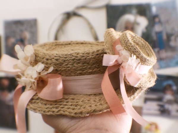 Photo4: hand sewing vintage style bowknot lace flower straw hat in pink ribbon (4)