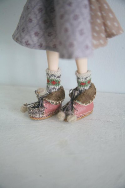 Photo3: Hand Knited leather boots shoes in pink (3)