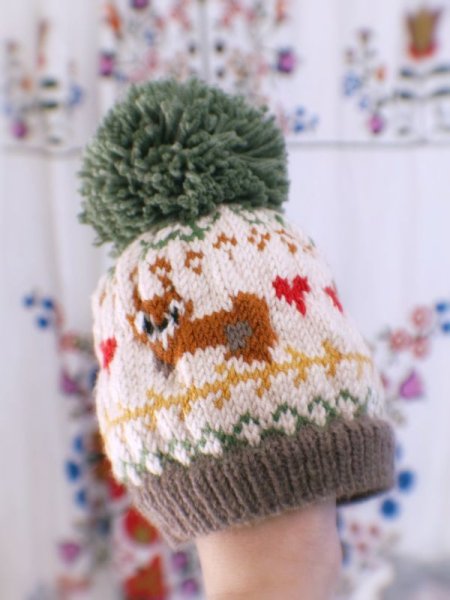 Photo3: coloured cream fox knitted pompom hat (3)