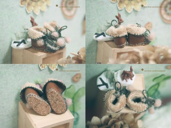 Photo5:  Hand Knited cream and brown wool fabric boots shoes (5)