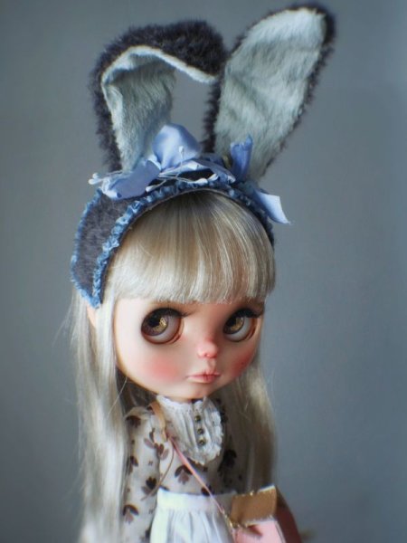 Photo5: Sleeping bunny dark grey color flower bowknot headband (5)