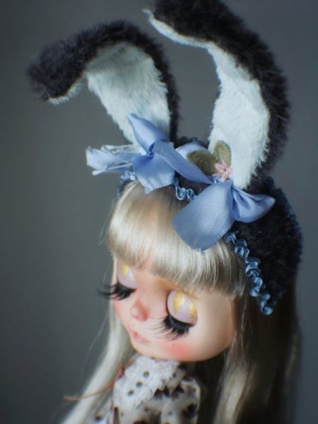 Photo3: Sleeping bunny dark grey color flower bowknot headband (3)