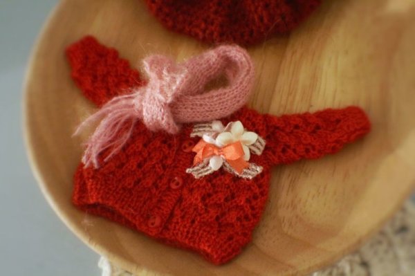 Photo3: 2 pieces - red mohair hollow bowknots lace sweater and bowknot brooch (3)