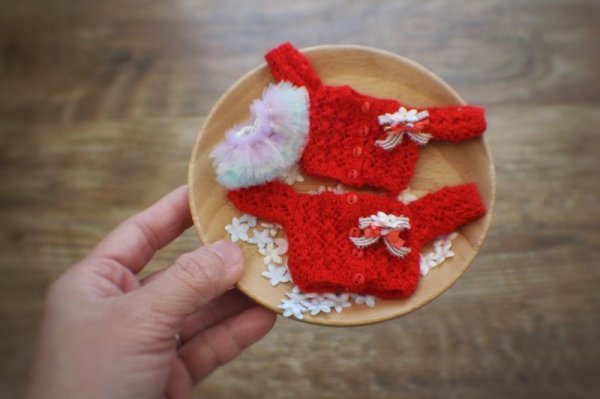 Photo2: 2 pieces - red mohair hollow bowknots lace sweater and bowknot brooch (2)