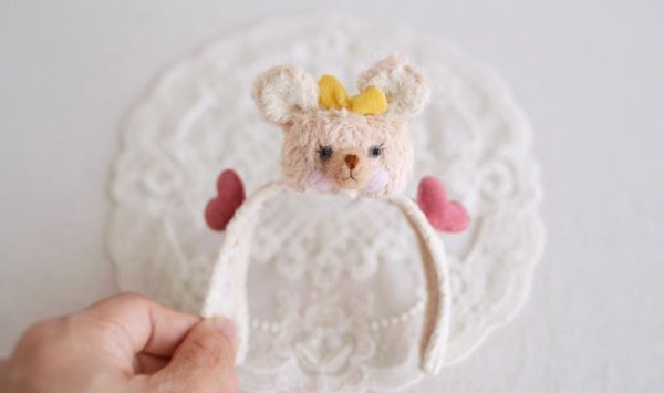 Photo1: cream bear hairpin & double hearts headband Set (1)